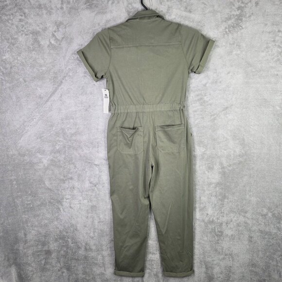 Womens Mono B Olive Green Utility Jumpsuit Button Up Front Short Sleeves Size M - Picture 7 of 11